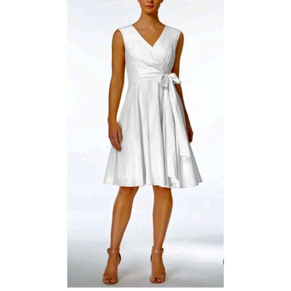 Calvin Klein White Sleeveless V-Neck Tie Waist A-Line Midi Dress Size 6 - Picture 1 of 12